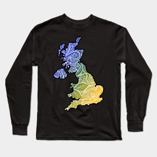 Colorful mandala art map of United Kingdom with text in blue and yellow Long Sleeve T-Shirt